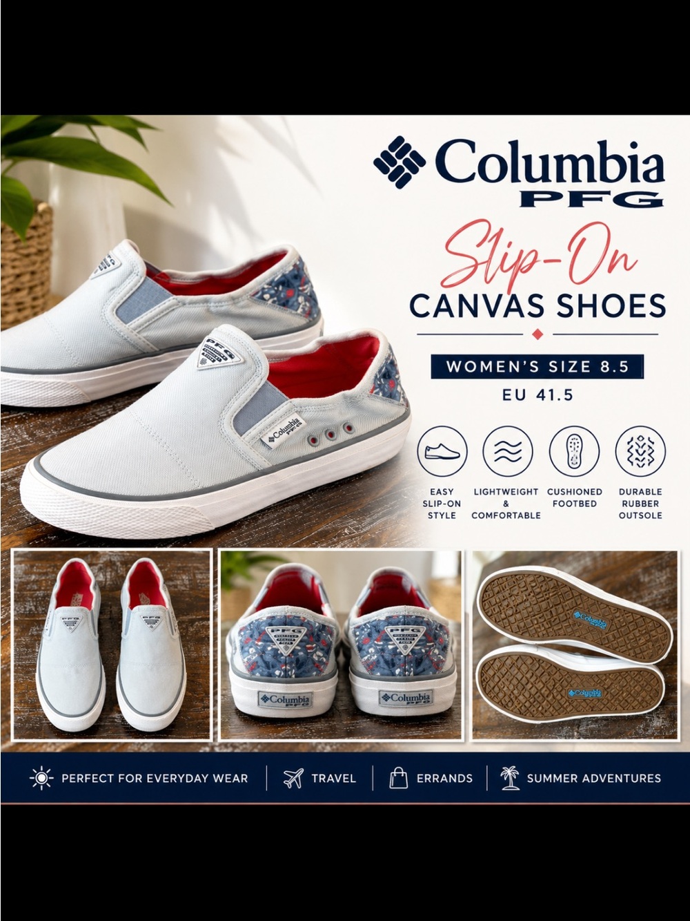 Columbia Women's Slip-On Canvas Mules in Light Blue with Red Lining